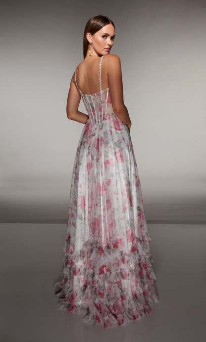 A-line Print Tulle Scooped Straight Across Back Ruffles Prom Dress #62202