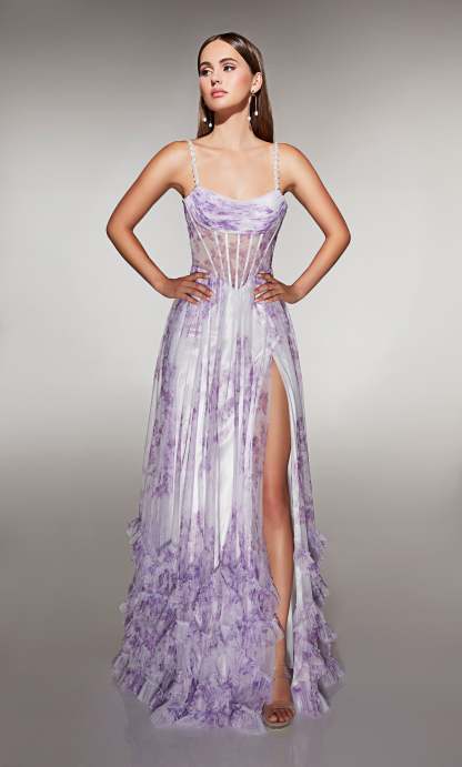A-line Print Tulle Scooped Straight Across Back Ruffles Prom Dress #62202