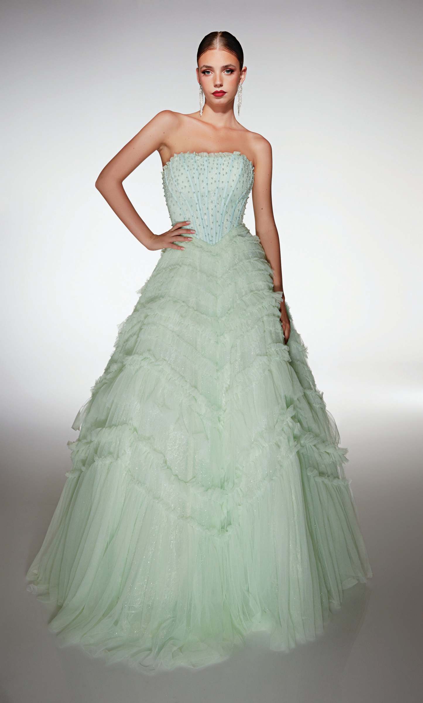 Ball Gown Scoop Soft Mesh Lace-up Back Ruffles Embellished Prom Dress #62208