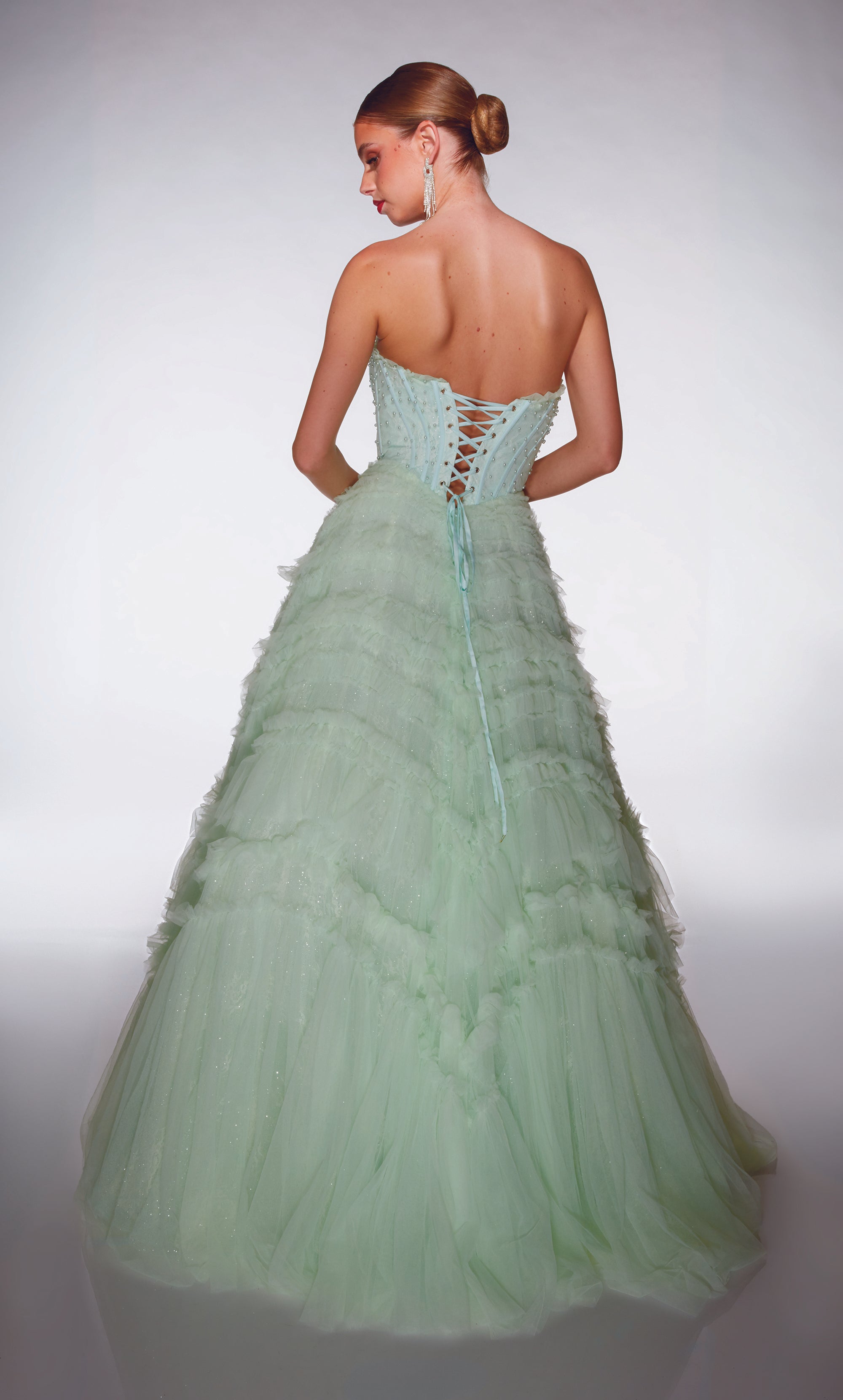 Ball Gown Scoop Soft Mesh Lace-up Back Ruffles Embellished Prom Dress #62208