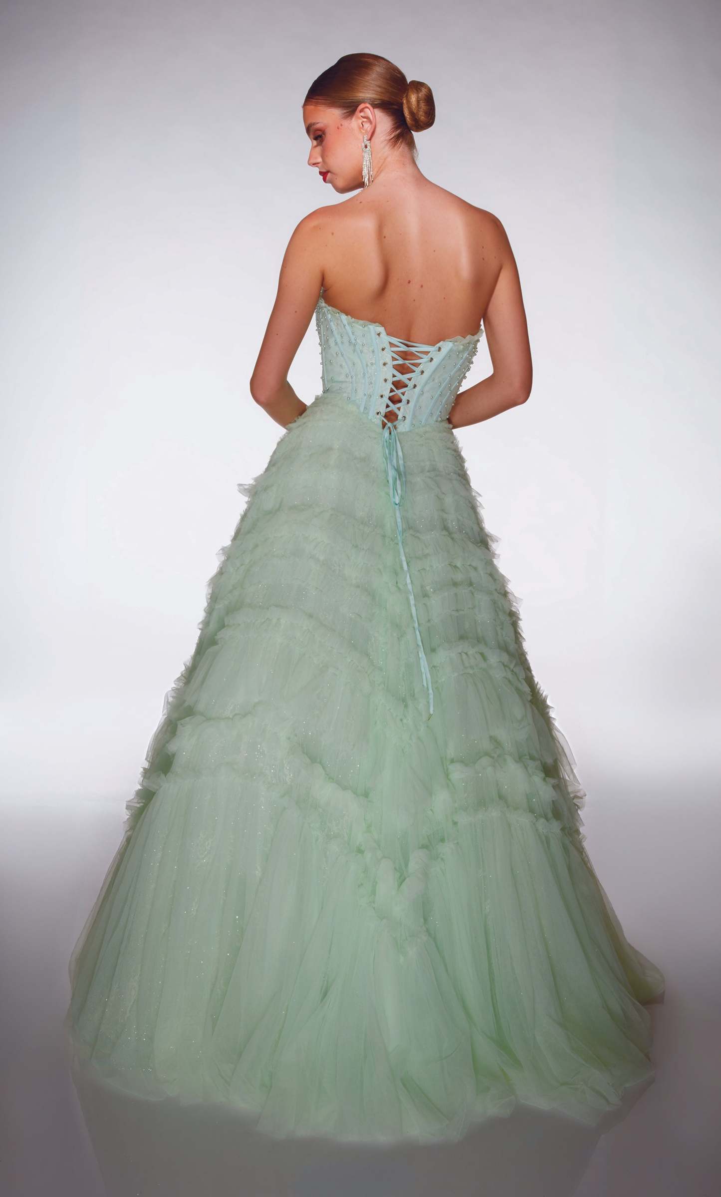Ball Gown Scoop Soft Mesh Lace-up Back Ruffles Embellished Prom Dress #62208