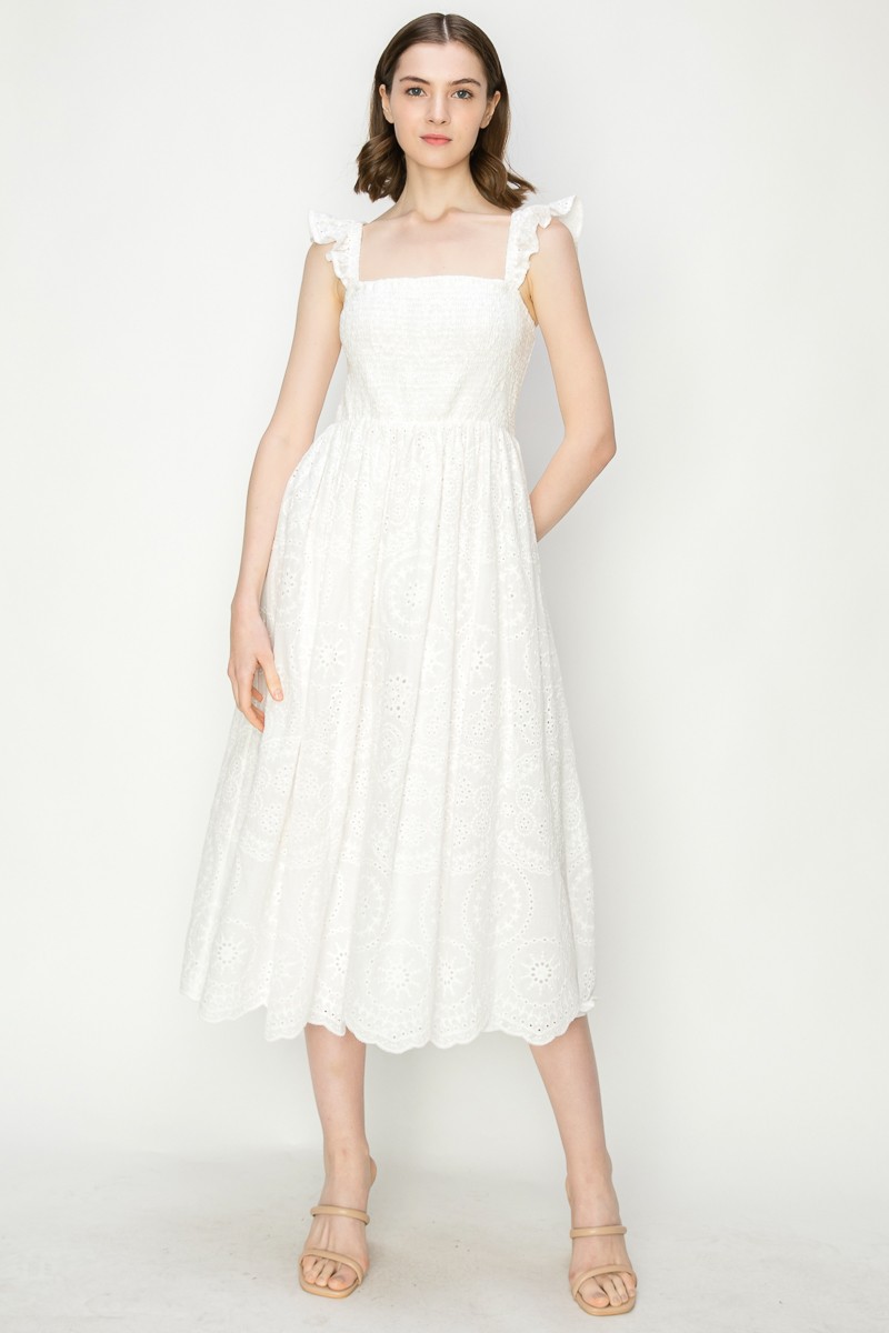Cotton Sleeveless Embroidered Eyelet Midi Dress #23549027