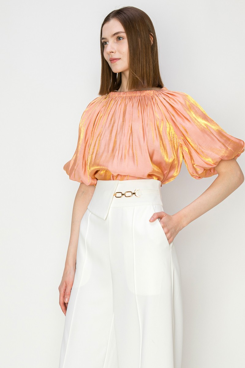 Satin Puff Balloon Sleeves Blouse Top #23108197