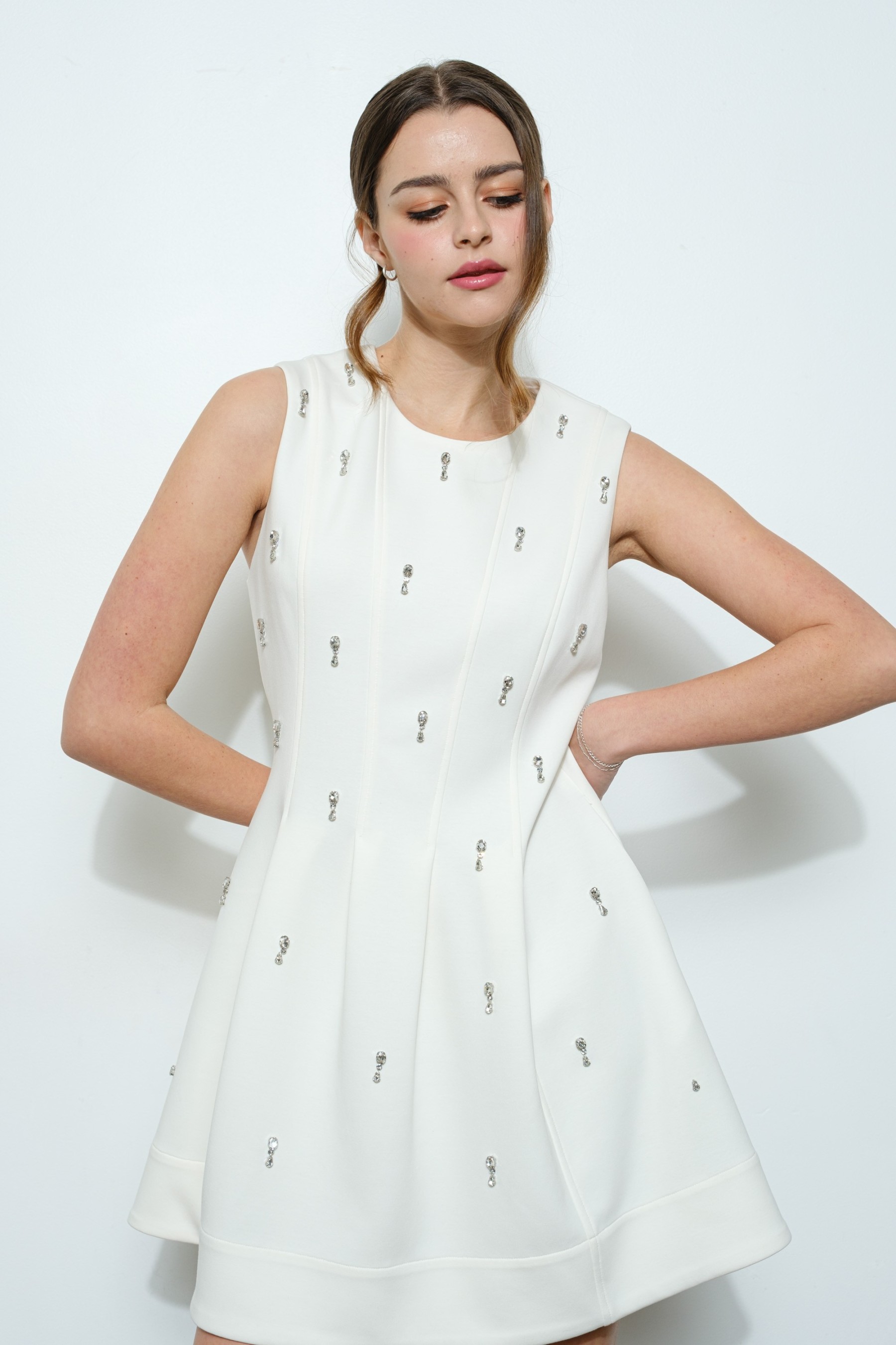 Crystal Embellished Pintuck Mini Dress #23570951