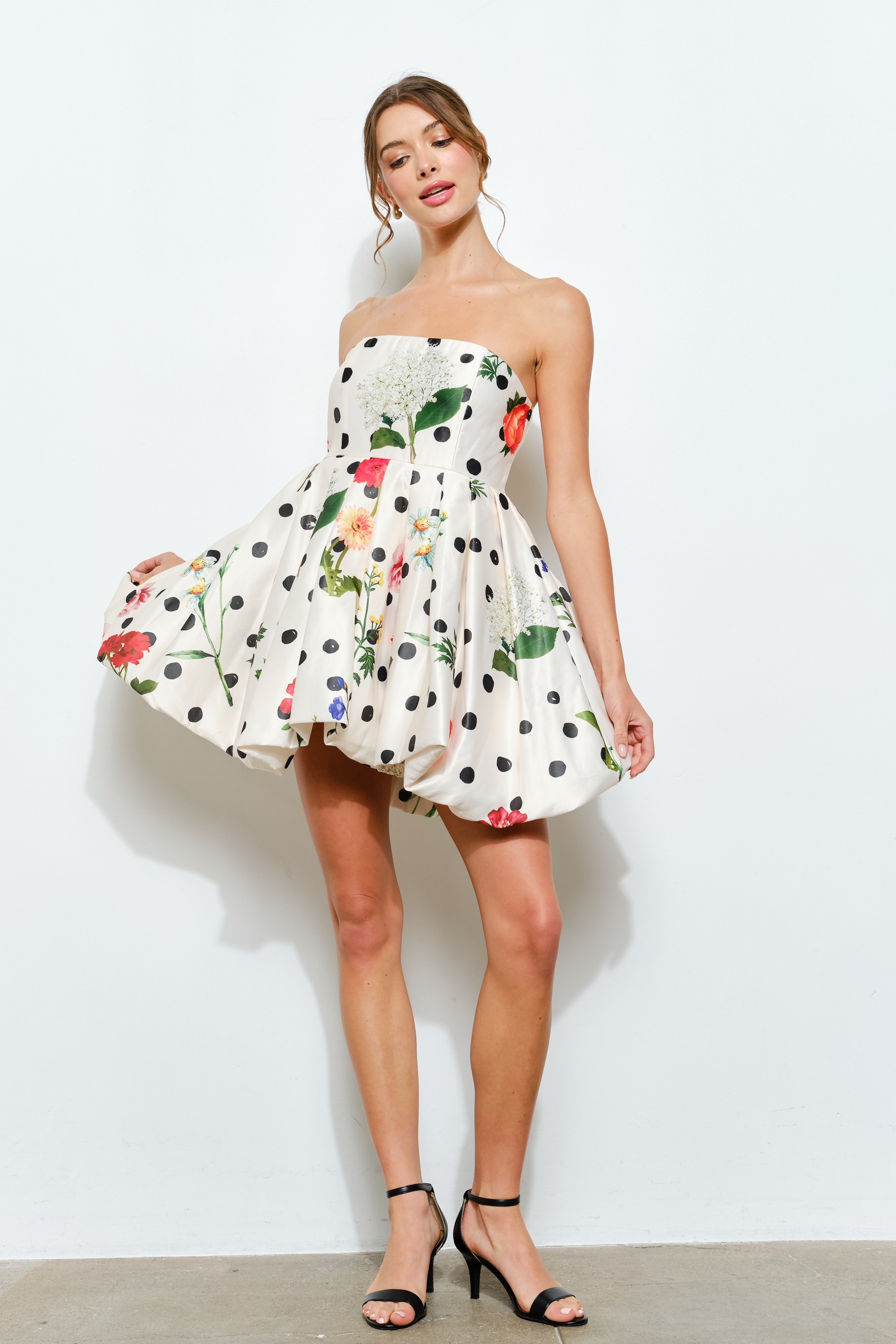 Bubble Hem Floral Dot Print Strapless Mini Dress #23668237