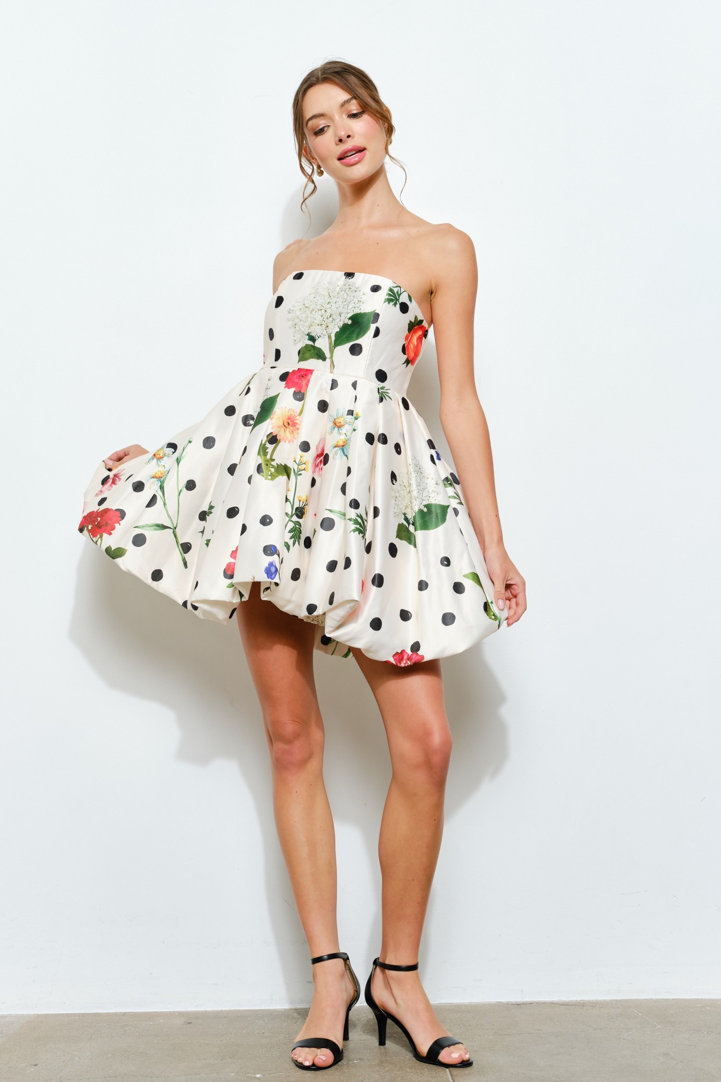 Bubble Hem Floral Dot Print Strapless Mini Dress #23668237
