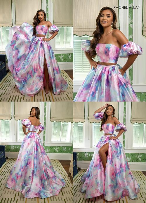 Fitted Off-Shoulder Puff Sleeves Pink Multi-Print Mikado Prom Dress #70921