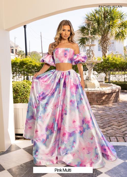 Fitted Off-Shoulder Puff Sleeves Pink Multi-Print Mikado Prom Dress #70921