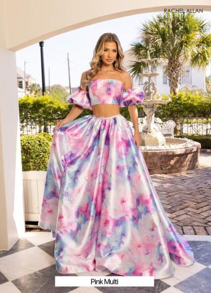 Fitted Off-Shoulder Puff Sleeves Pink Multi-Print Mikado Prom Dress #70921