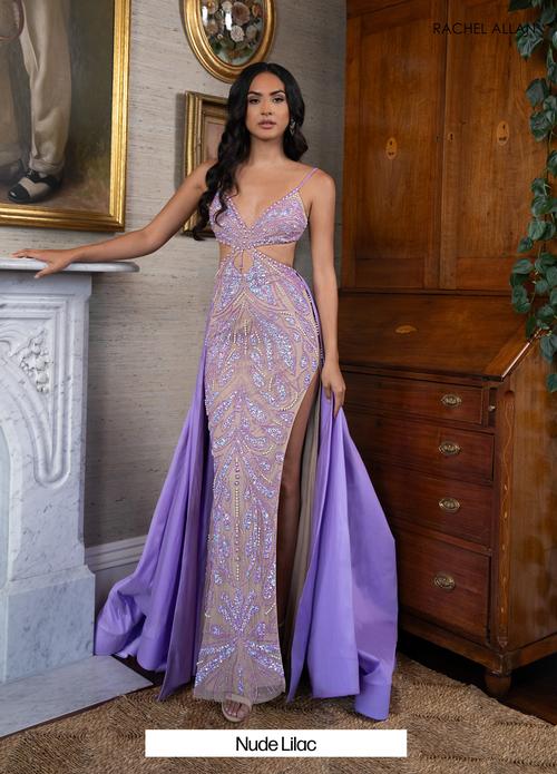 Fitted Spaghetti Straps Stretch Tulle Beading Taffeta High Slit Prom Dress #70929