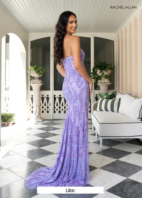 Fitted Plunging V-Neck Stretch Tulle Open Back Thigh-High Slit Prom Dress #70931