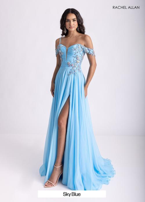Delicate Off-The-Shoulder Straps Floral Appliques Chiffon Prom Dress #70951