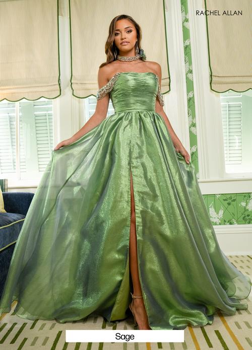 Modern A-Line Crystal-Beaded Off-Shoulder Sleeves Organza Prom Dress #70991