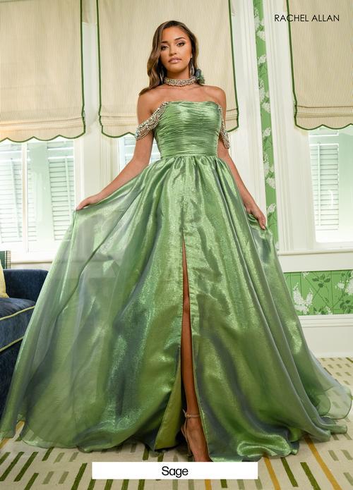 Modern A-Line Crystal-Beaded Off-Shoulder Sleeves Organza Prom Dress #70991