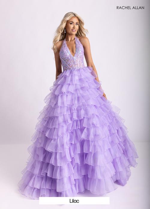 Plunging V-Neck Ruffled Organza Lace-Appliqued Bodice Prom Dress #71006