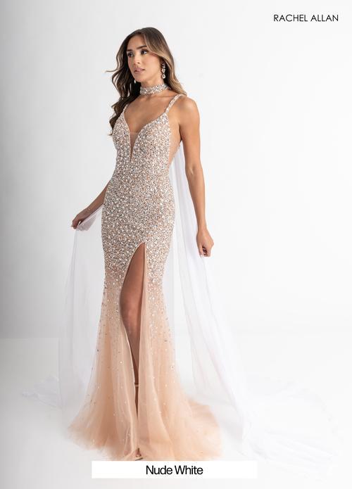 A-Line Plunging V-Neck Crystal-Beaded Stretch Net Slit Prom Dress #71047