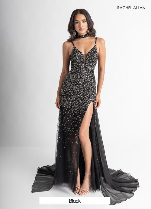 A-Line Plunging V-Neck Crystal-Beaded Stretch Net Slit Prom Dress #71047