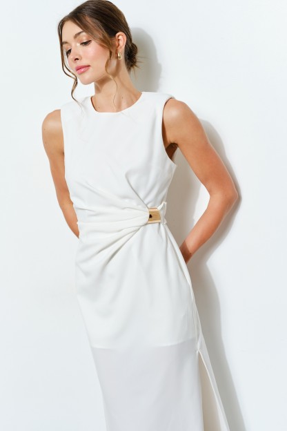 Sleeveless Draped Gold Accent Midi Dress #23592597