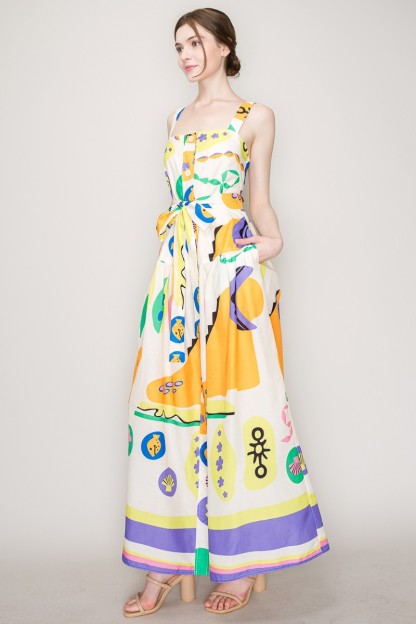Sleeveless Square Neck Playful Printed Maxi Dress #23514942