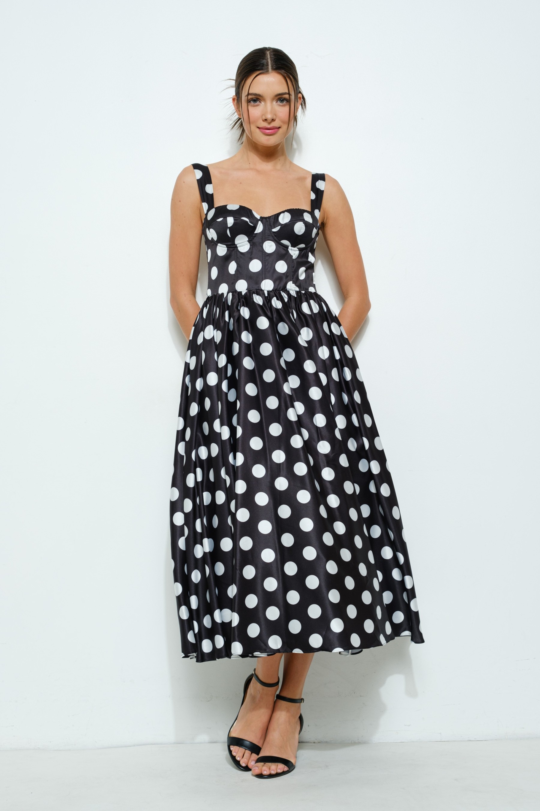 Sweetheart Polka Dot Bustier Midi Dress #23495729