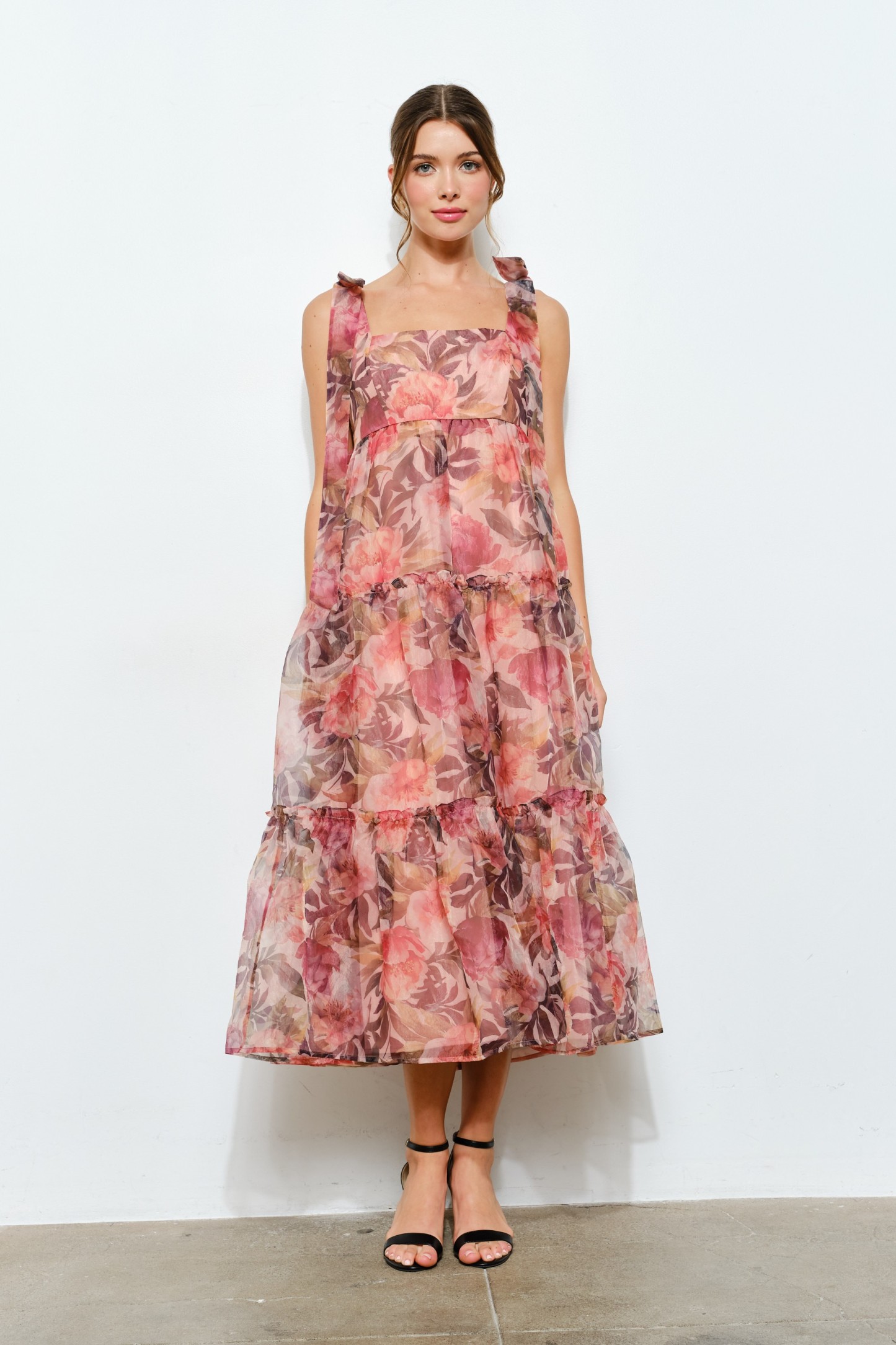 Organza Floral Printed Tiered Midi Dress #23649021