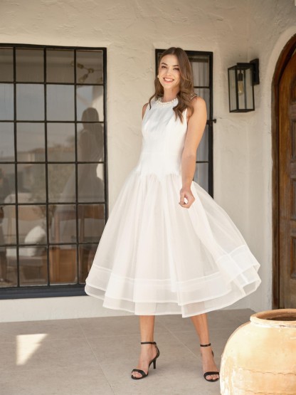 Pearl Embellished Sheer Tulle Midi Dress #23647833