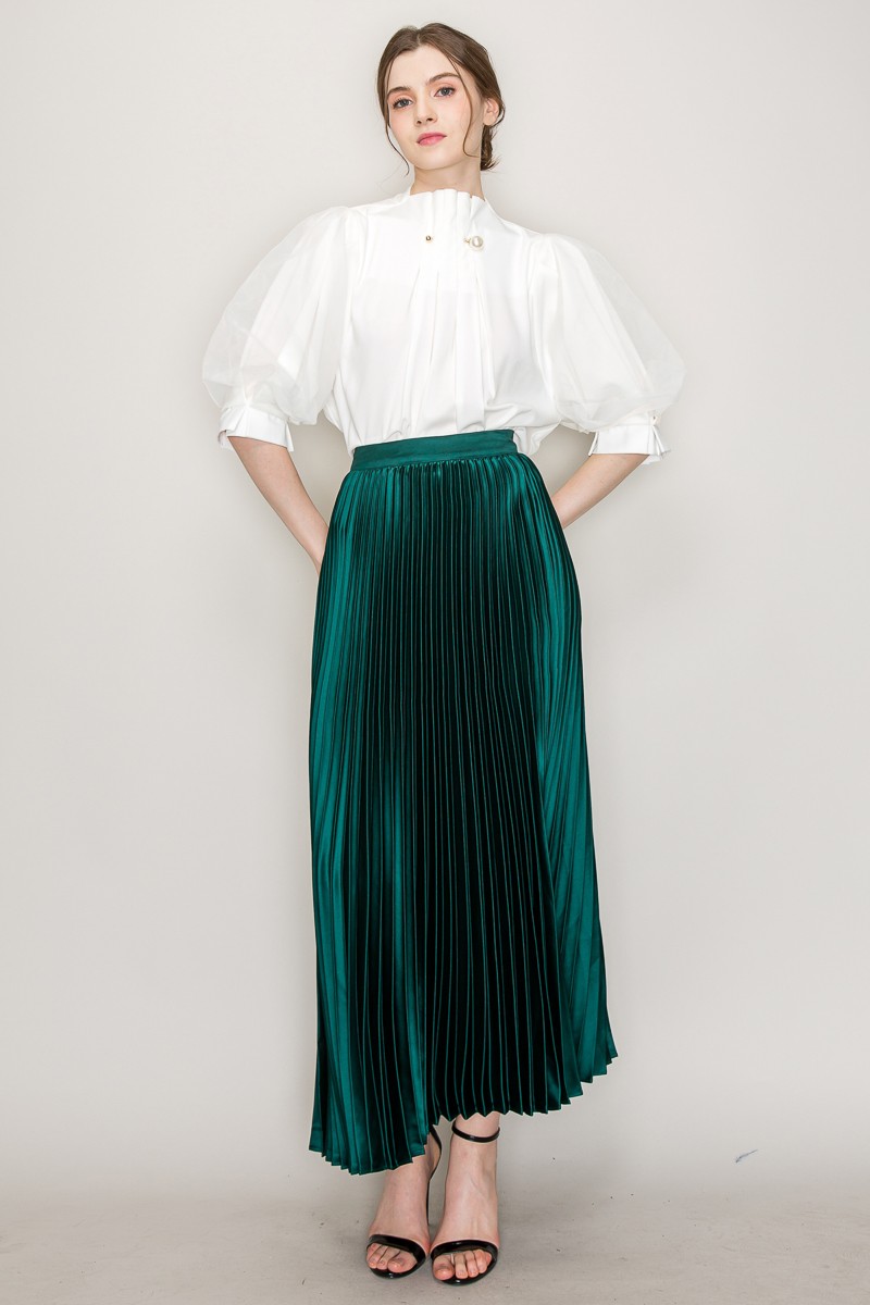 High Waist Satin Pleated Long Skirt #22890652