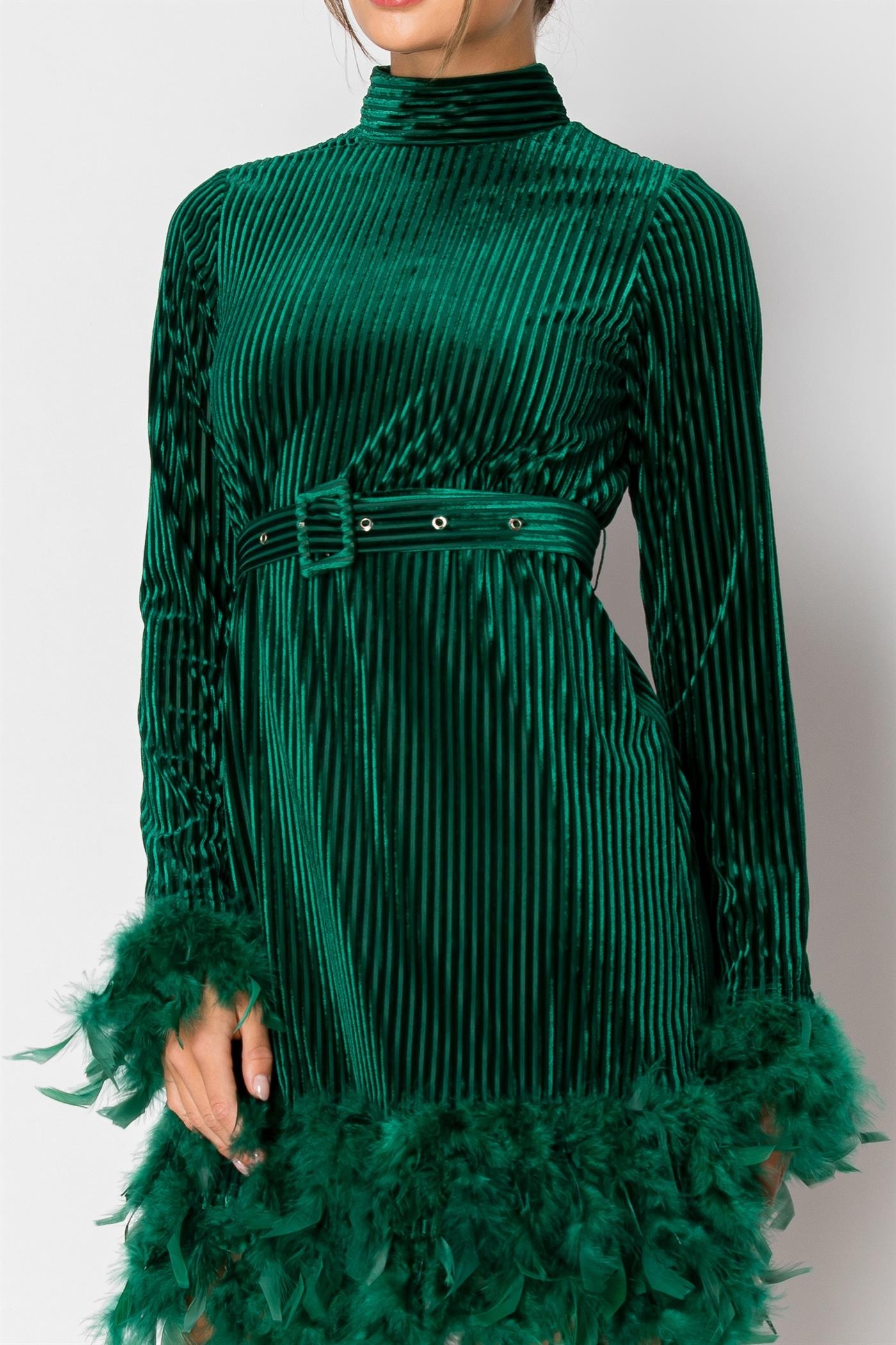 Velvet Long Sleeve Feather Trim Mini Dress #22805760