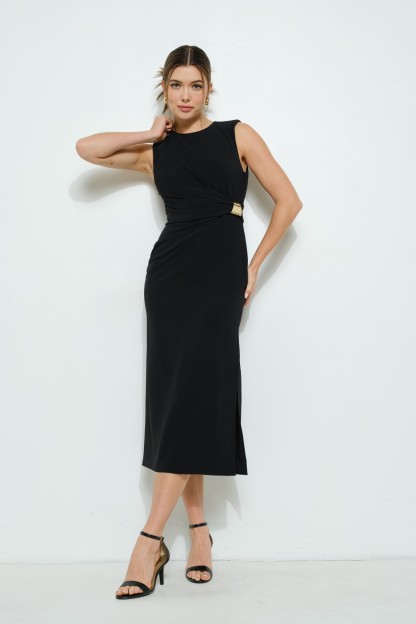 Sleeveless Draped Gold Accent Midi Dress #23592597