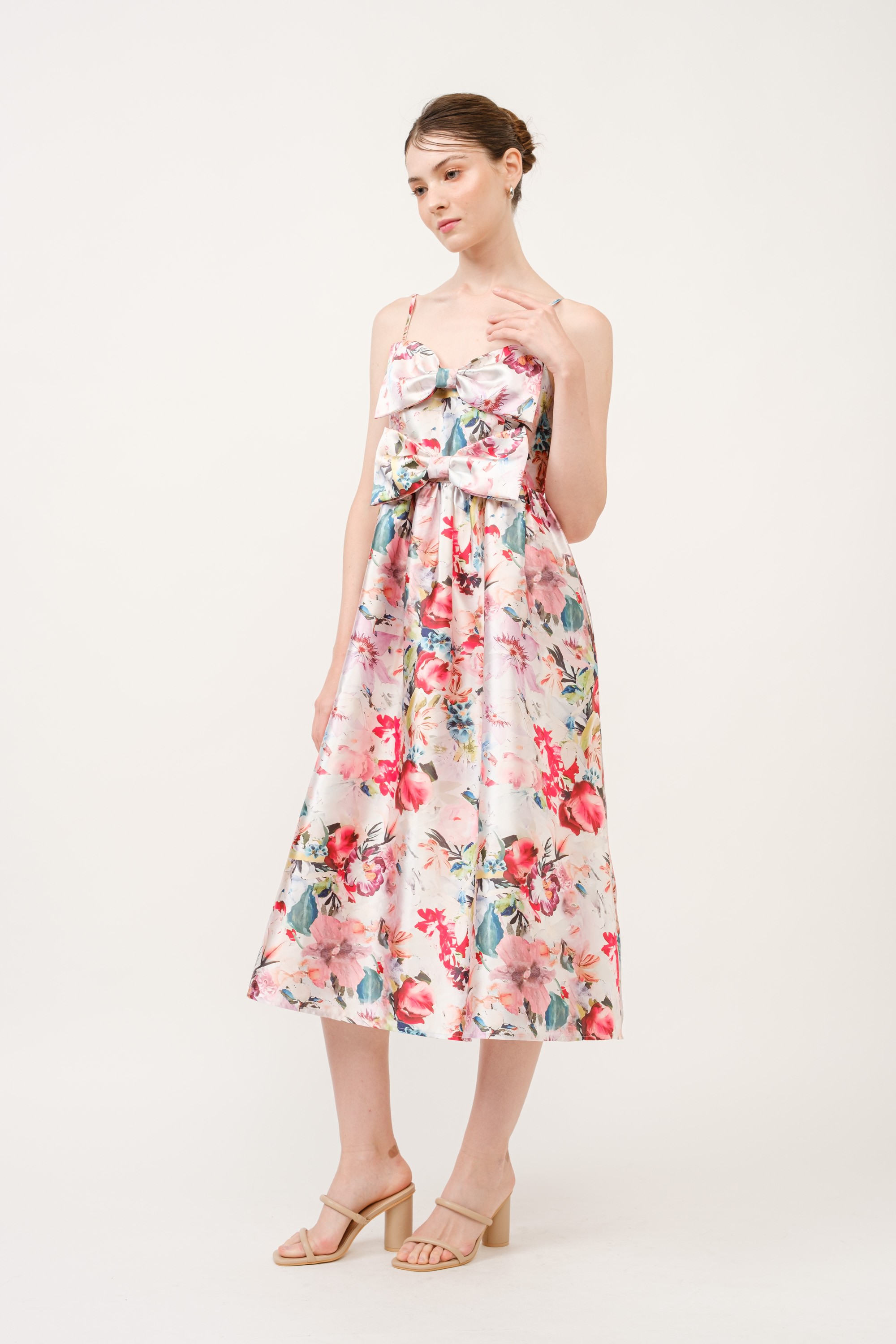Floral Print Satin Bow Detail Midi Dress #23700092