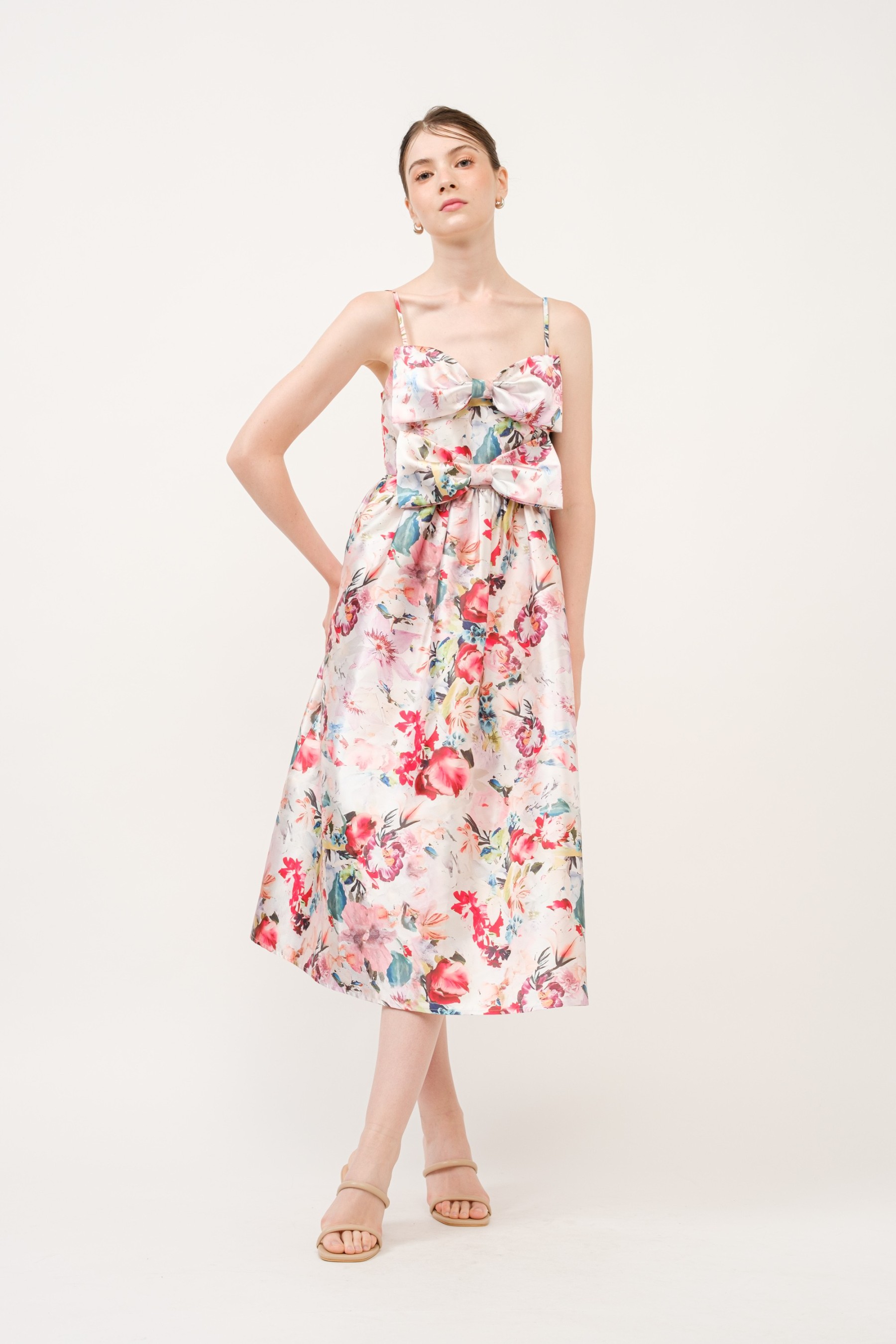 Floral Print Satin Bow Detail Midi Dress #23700092