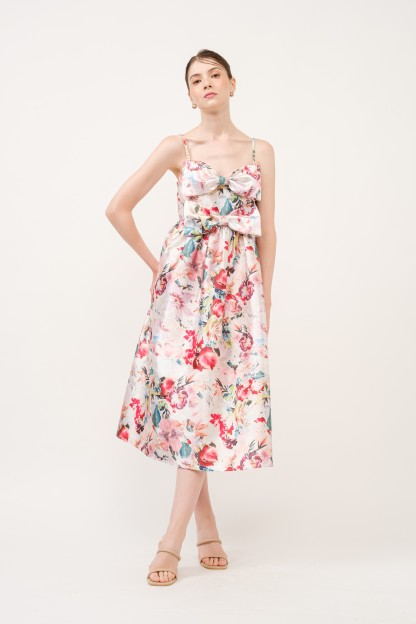 Floral Print Satin Bow Detail Midi Dress #23700092