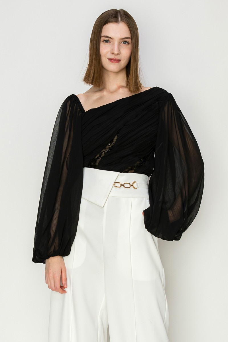 Chiffone Lace See-Through Pleated Balloon Sleeves Blouse #21984810