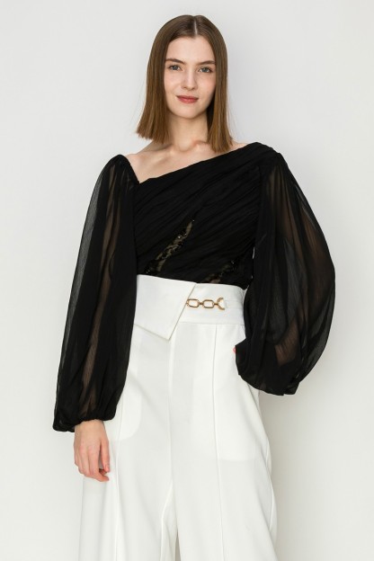 Chiffone Lace See-Through Pleated Balloon Sleeves Blouse #21984810