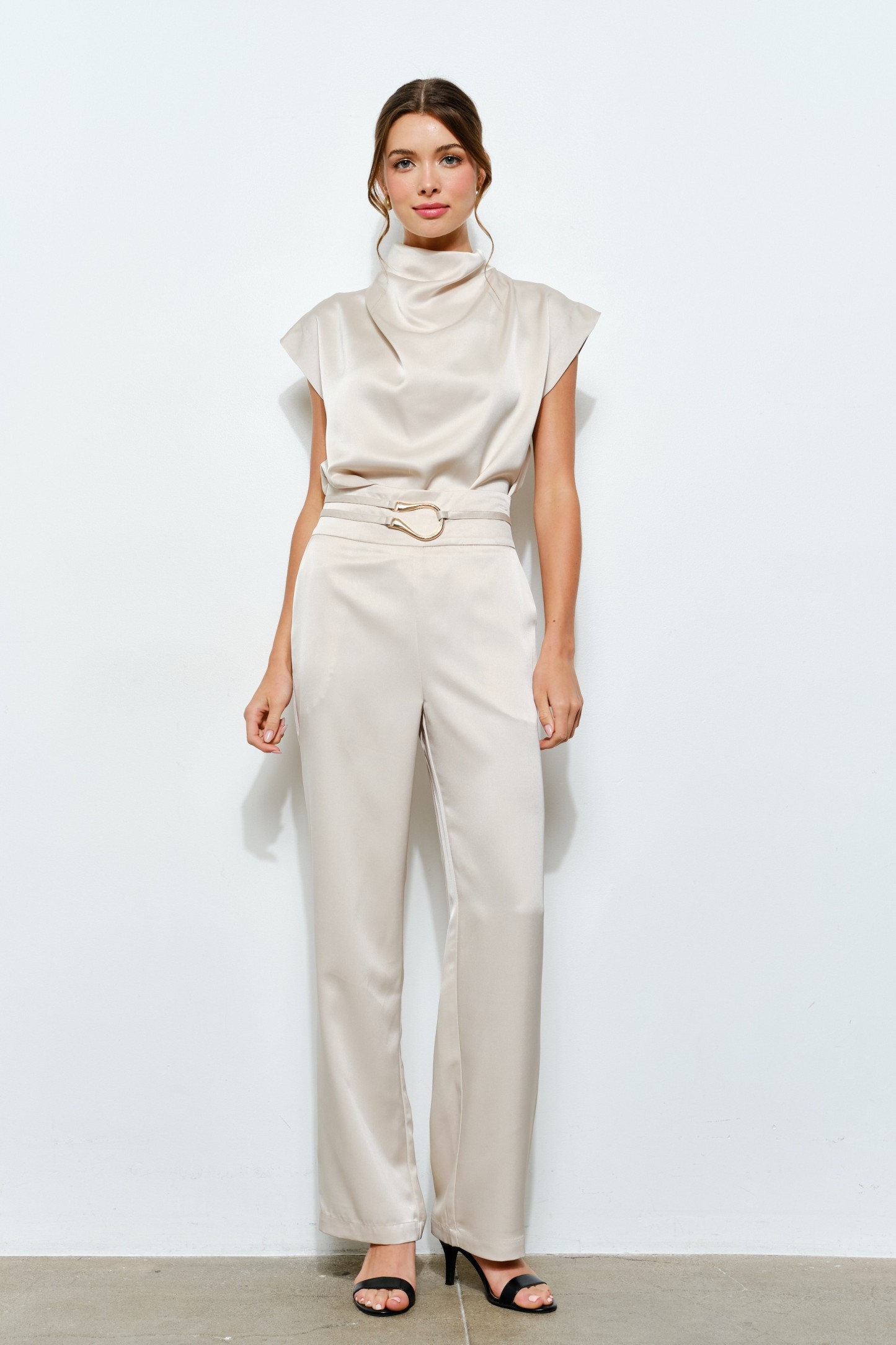 Satin Draped High-neck Cap-sleeve Top #23691171