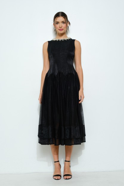 Pearl Embellished Sheer Tulle Midi Dress #23583486