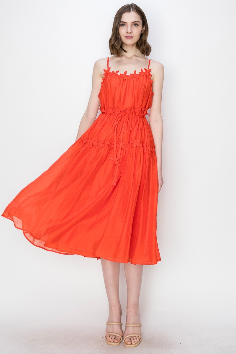 Satin Sleeveless Floral Lacetrim Detail Midi Dress #23625765