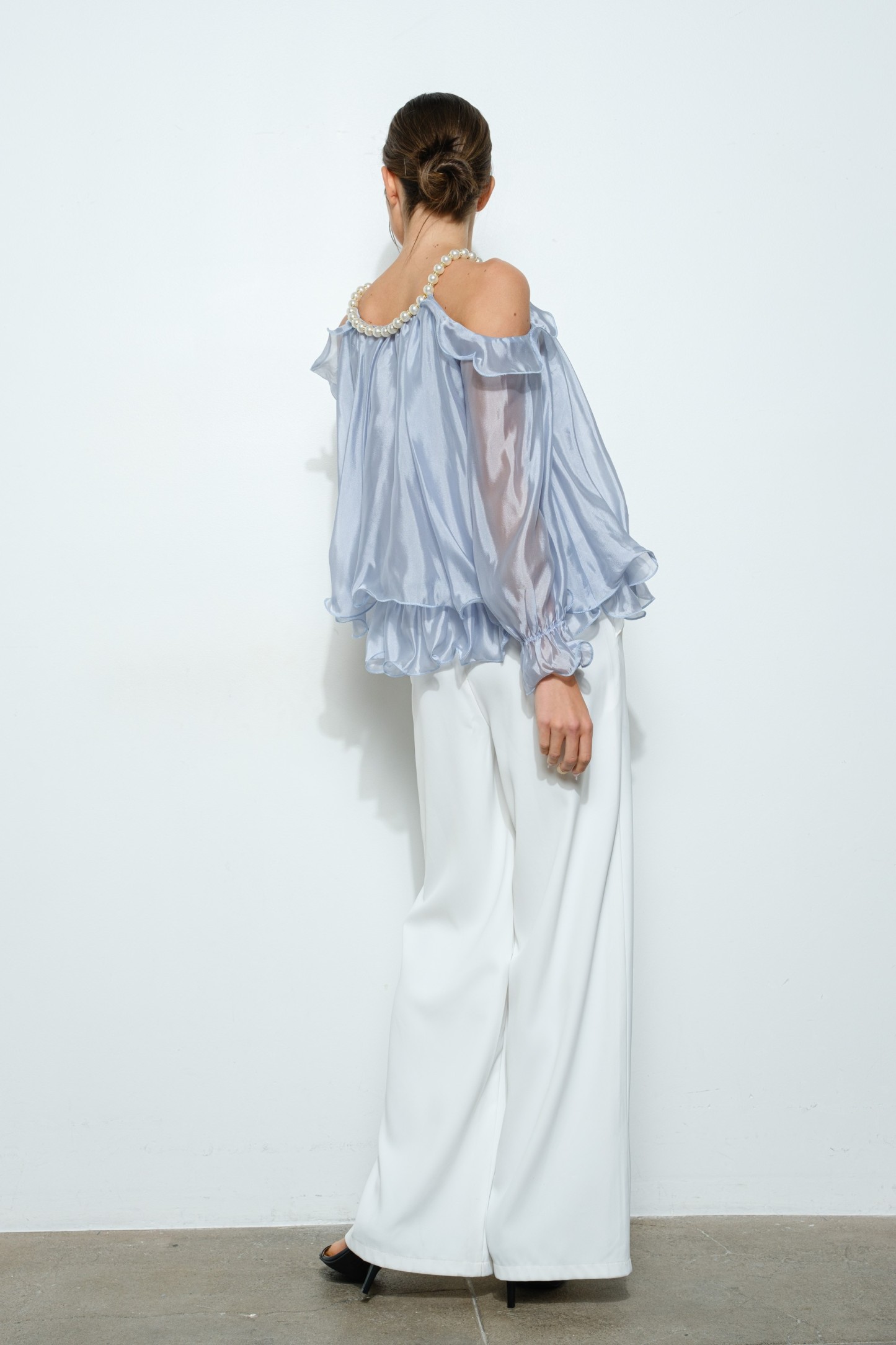 Off-shoulder Pearl Accent Organza Ruffle Blouse #23509052