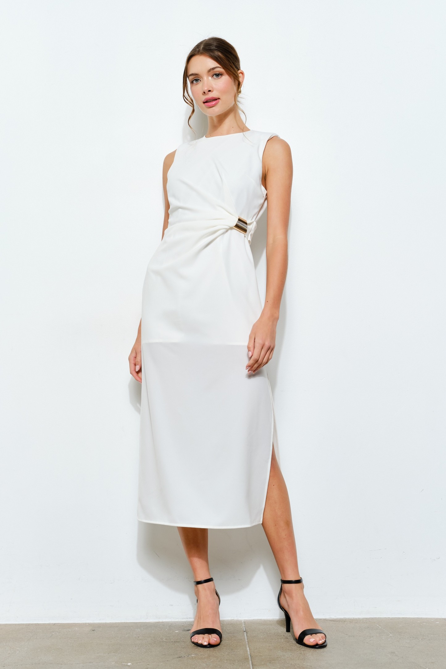 Sleeveless Draped Gold Accent Midi Dress #23592597