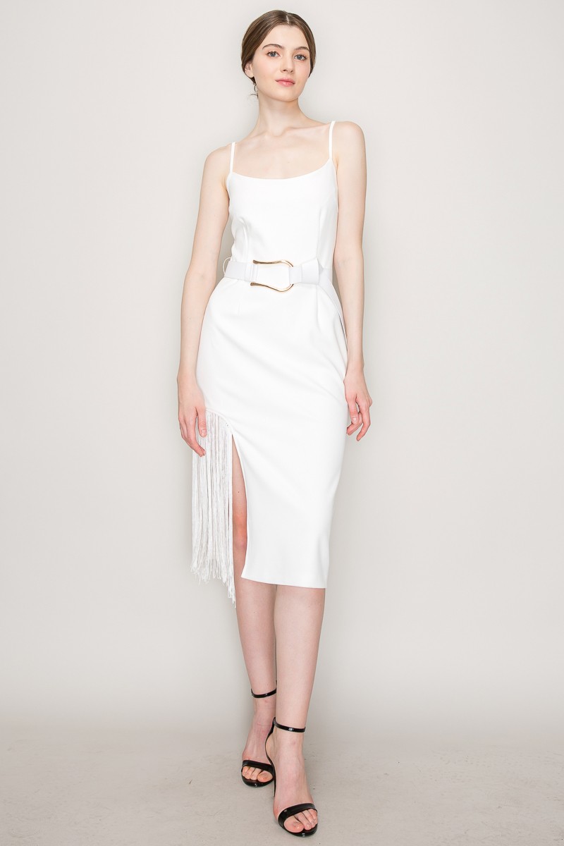 Sleeveless Side Slit Fringe Midi Dress #23549658