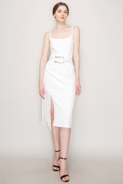 Sleeveless Side Slit Fringe Midi Dress #23549658