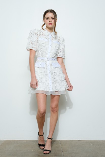 Short Puff Sleeve Floral Lace Belted Mini Dress #23642768