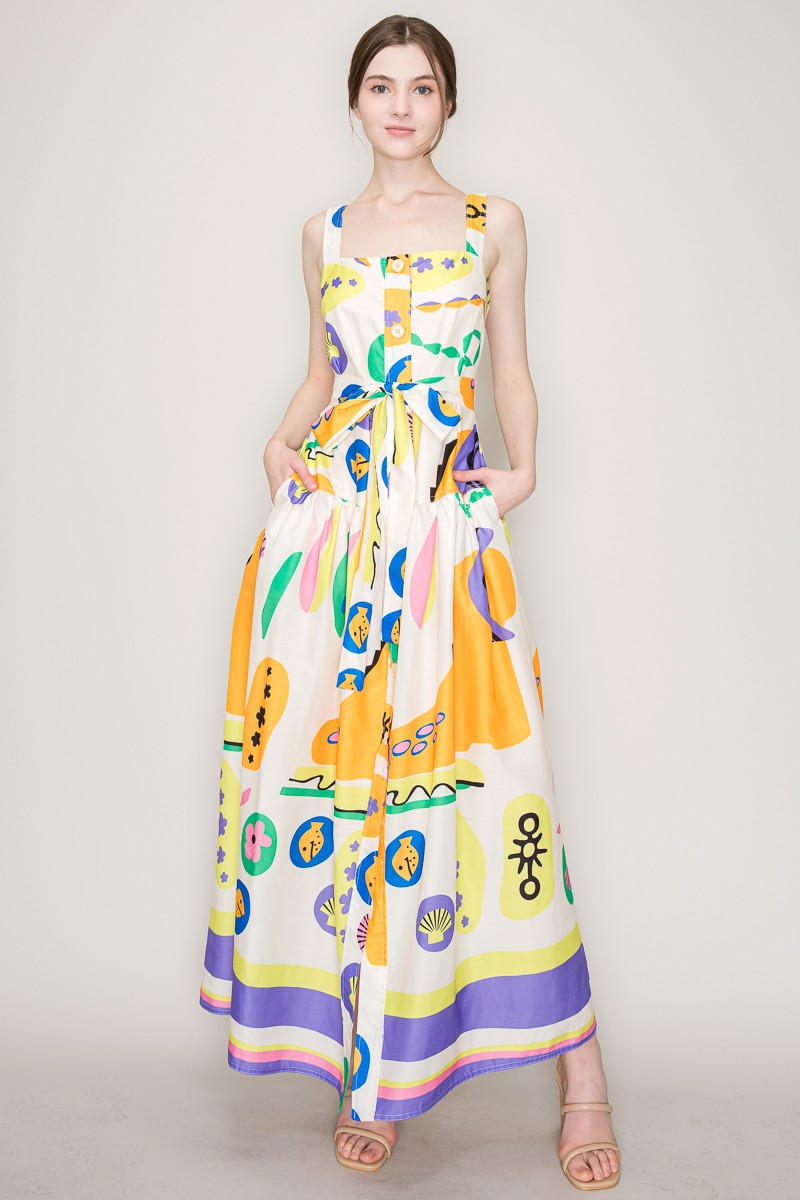 Sleeveless Square Neck Playful Printed Maxi Dress #23514942