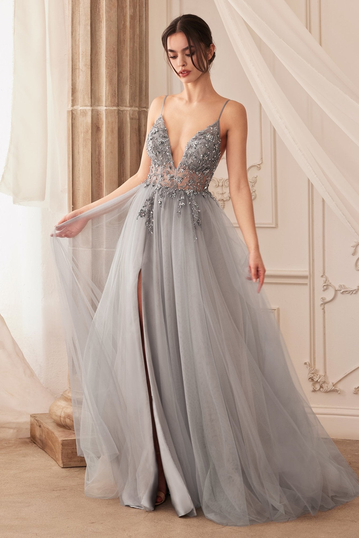 Sexy V-Front Floral Beading Strap Tulle Gown #A0672