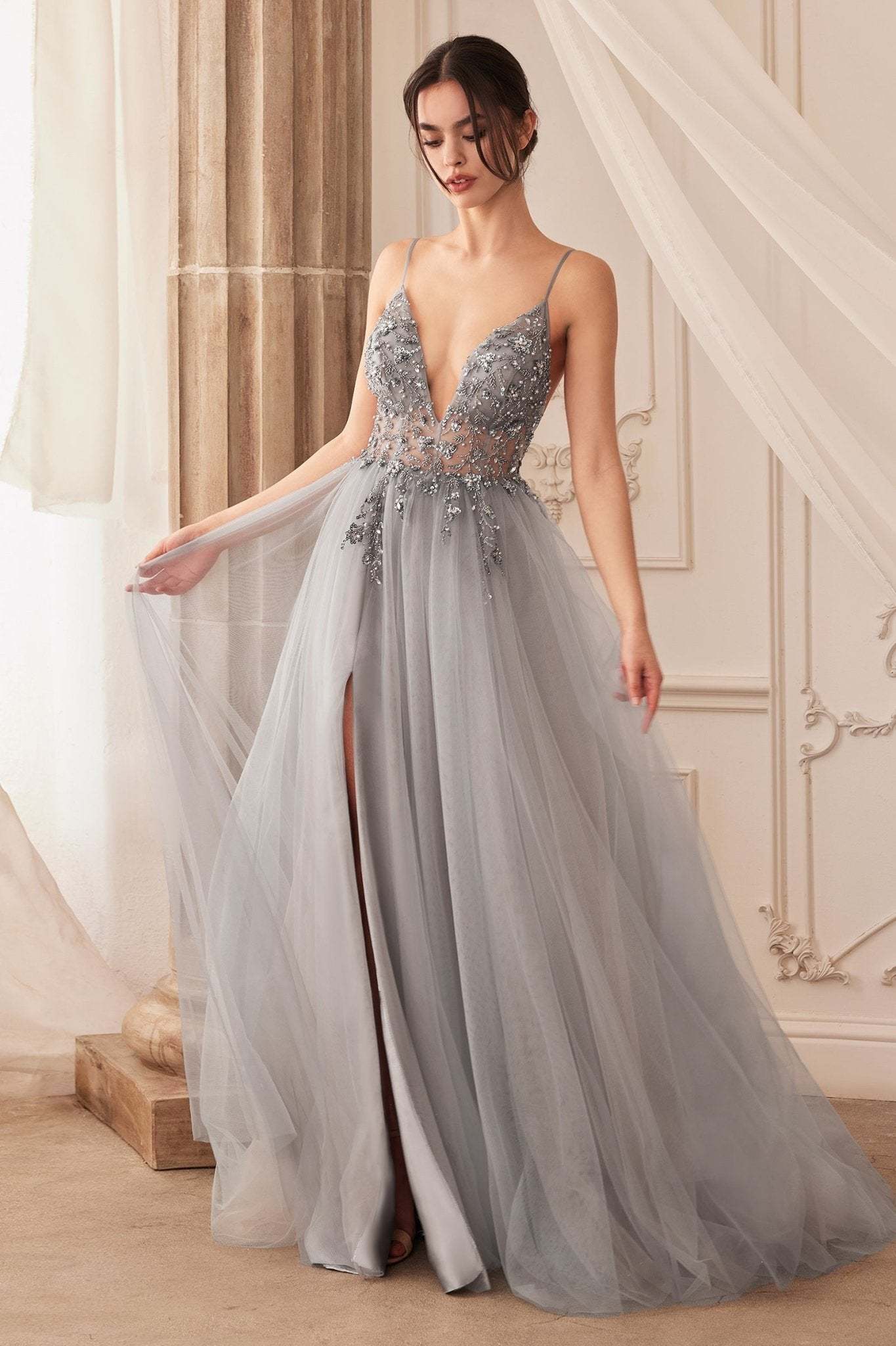 Sexy V-Front Floral Beading Strap Tulle Gown #A0672