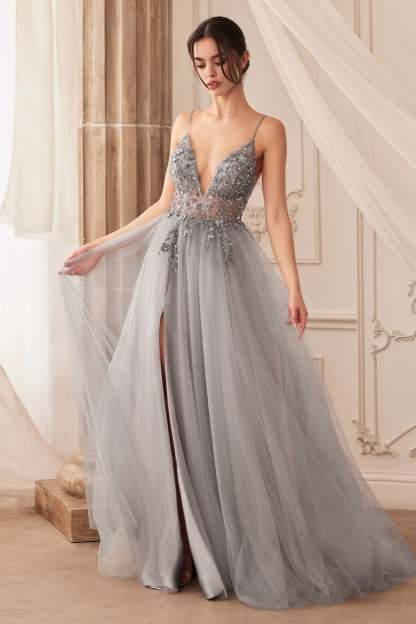 Sexy V-Front Floral Beading Strap Tulle Gown #A0672