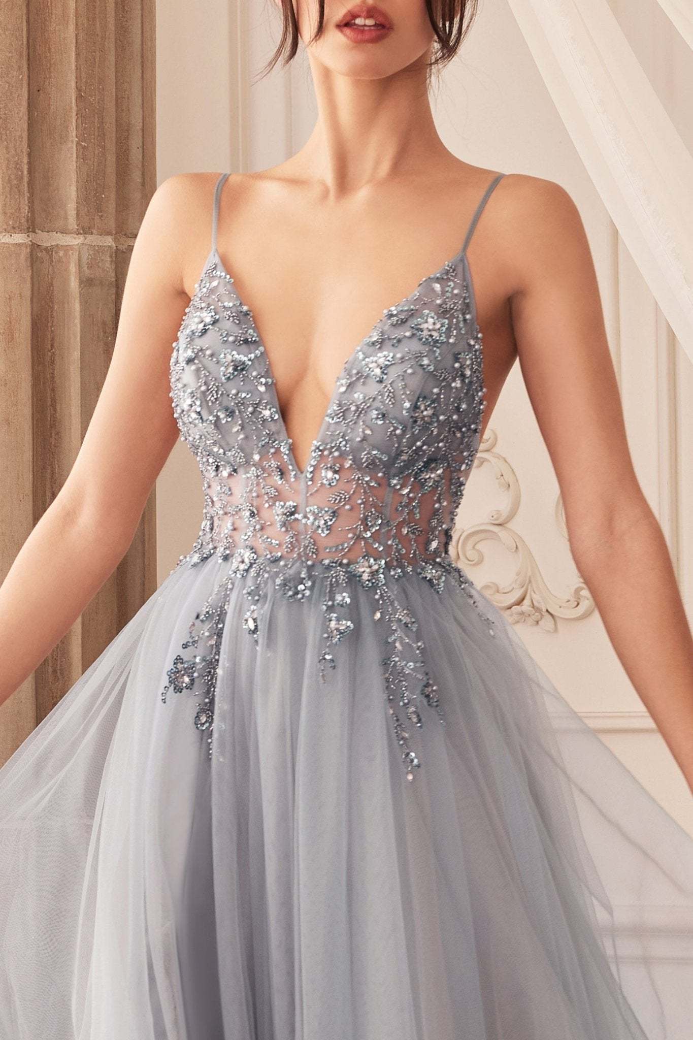 Sexy V-Front Floral Beading Strap Tulle Gown #A0672