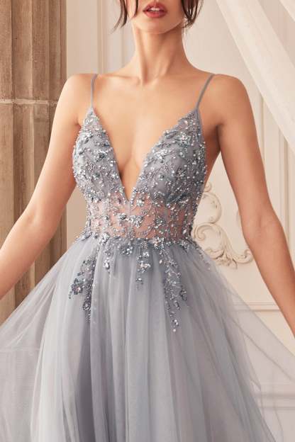Sexy V-Front Floral Beading Strap Tulle Gown #A0672