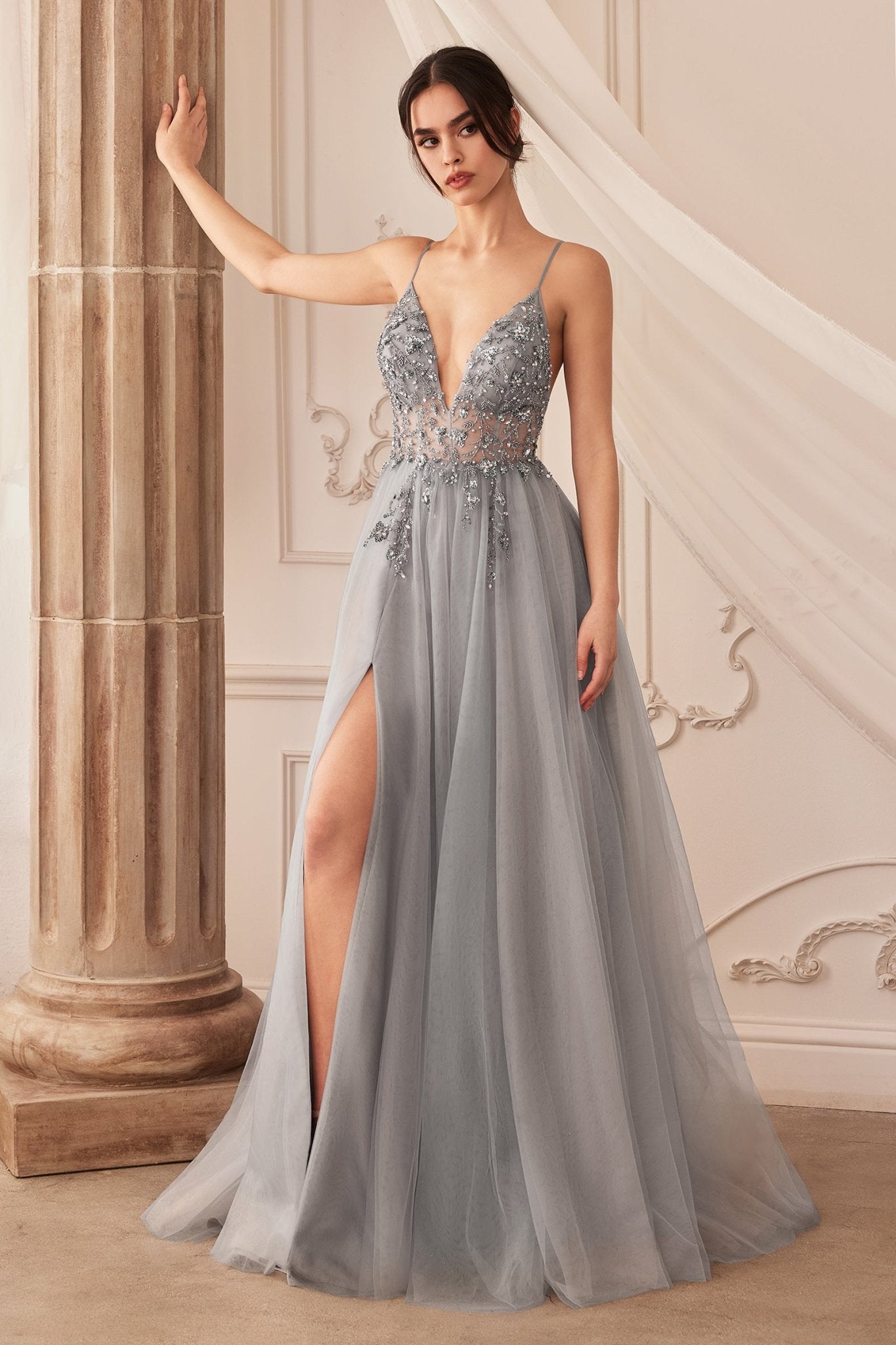 Sexy V-Front Floral Beading Strap Tulle Gown #A0672