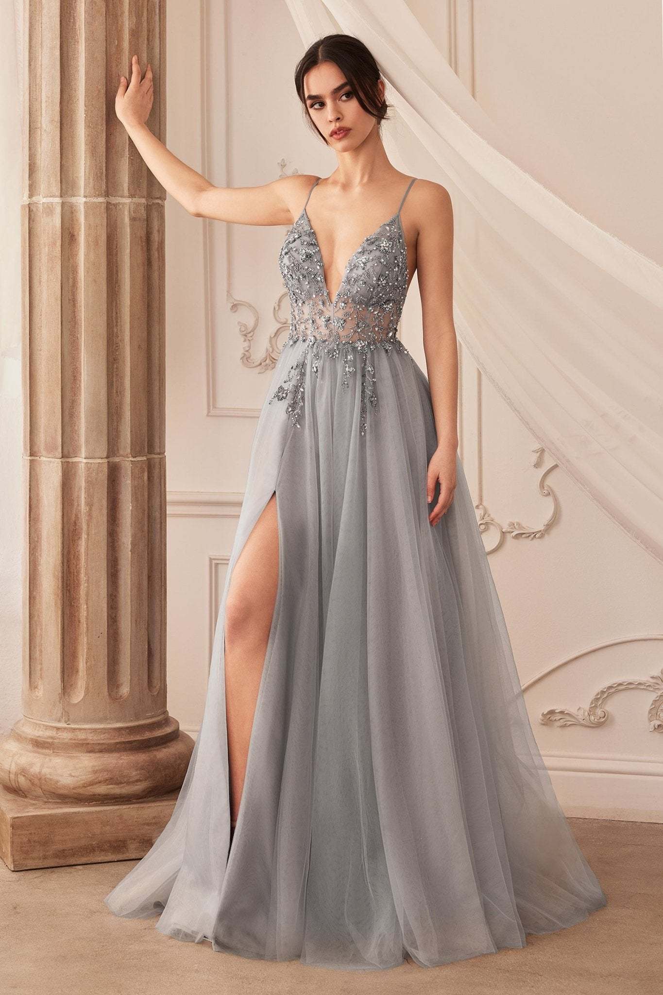 Sexy V-Front Floral Beading Strap Tulle Gown #A0672